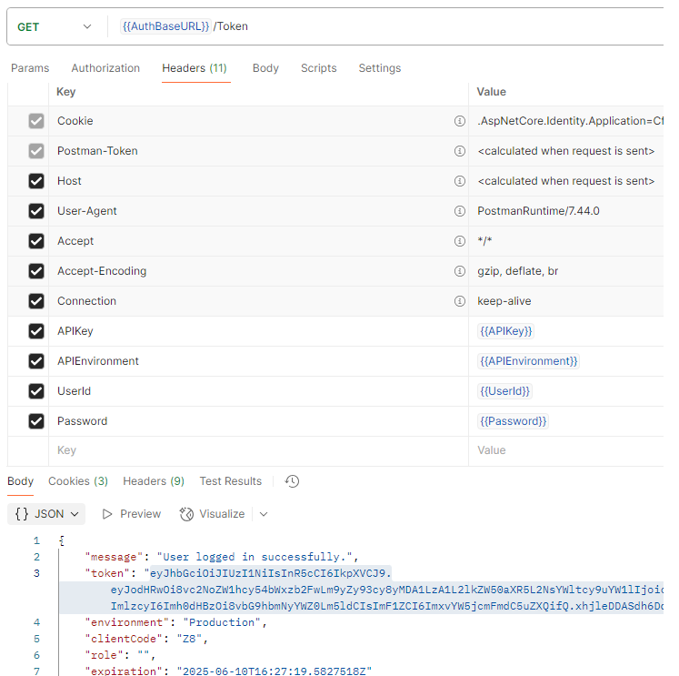 Postman screenshot showing the Token request headers and response